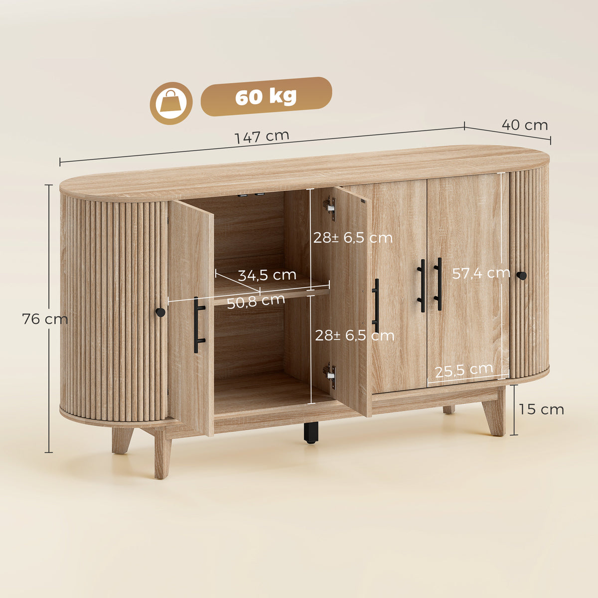 Buffet ovale cannelé, ton chêne — 147 cm — vue 3