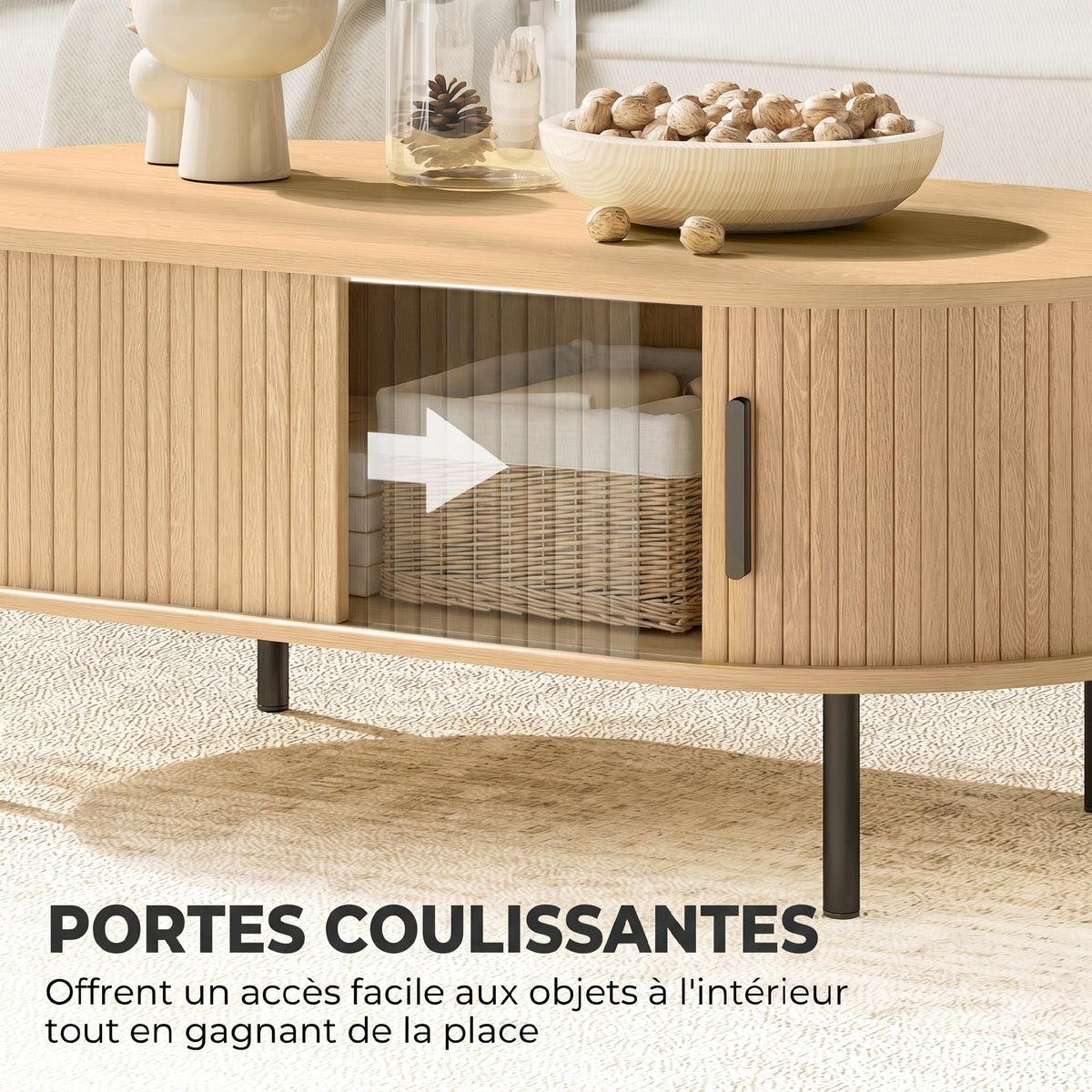 Table basse ovale cannelée à portes coulissantes — 100 × 55 cm — vue 5
