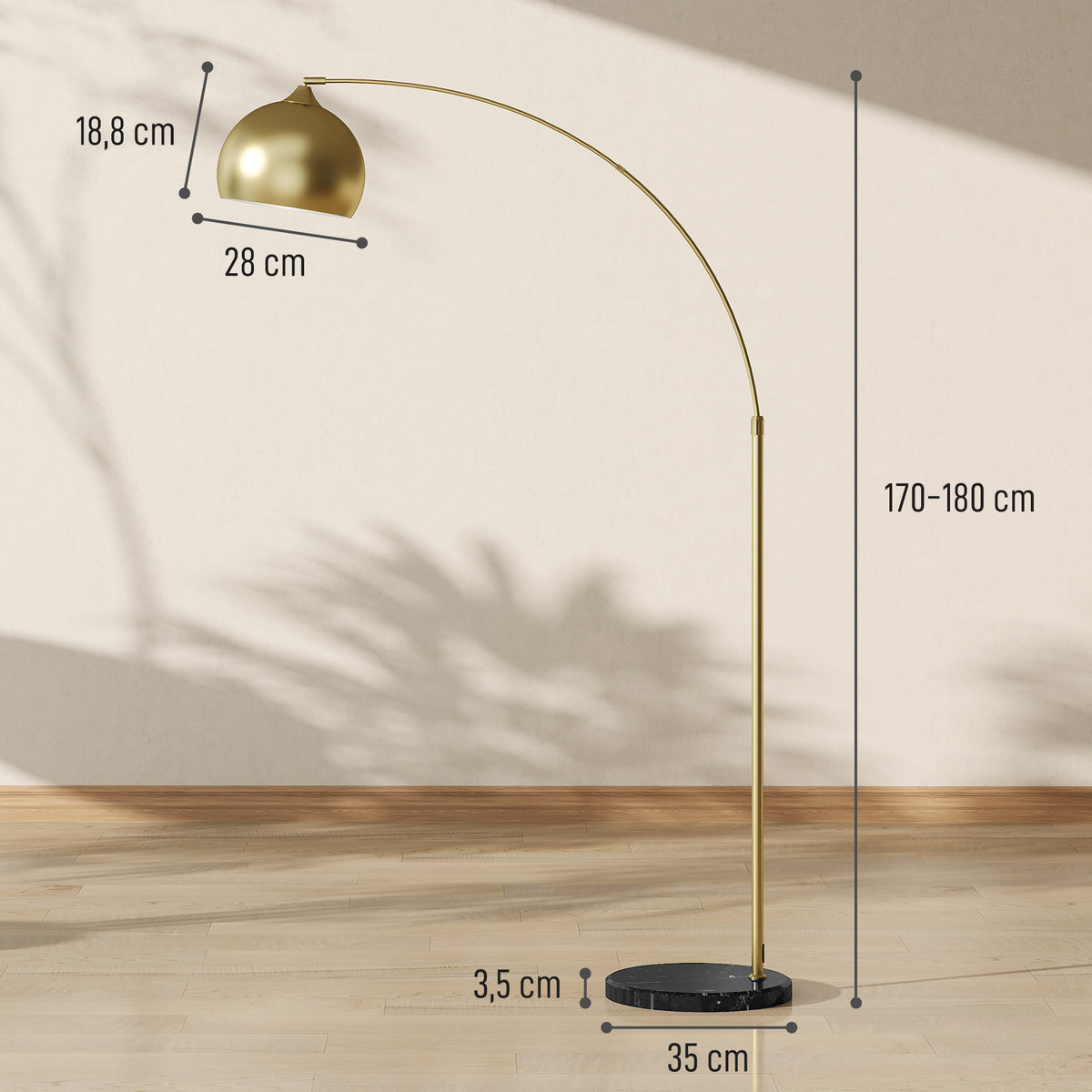 Lampadaire arc doré, socle en marbre — 180 cm — vue 3