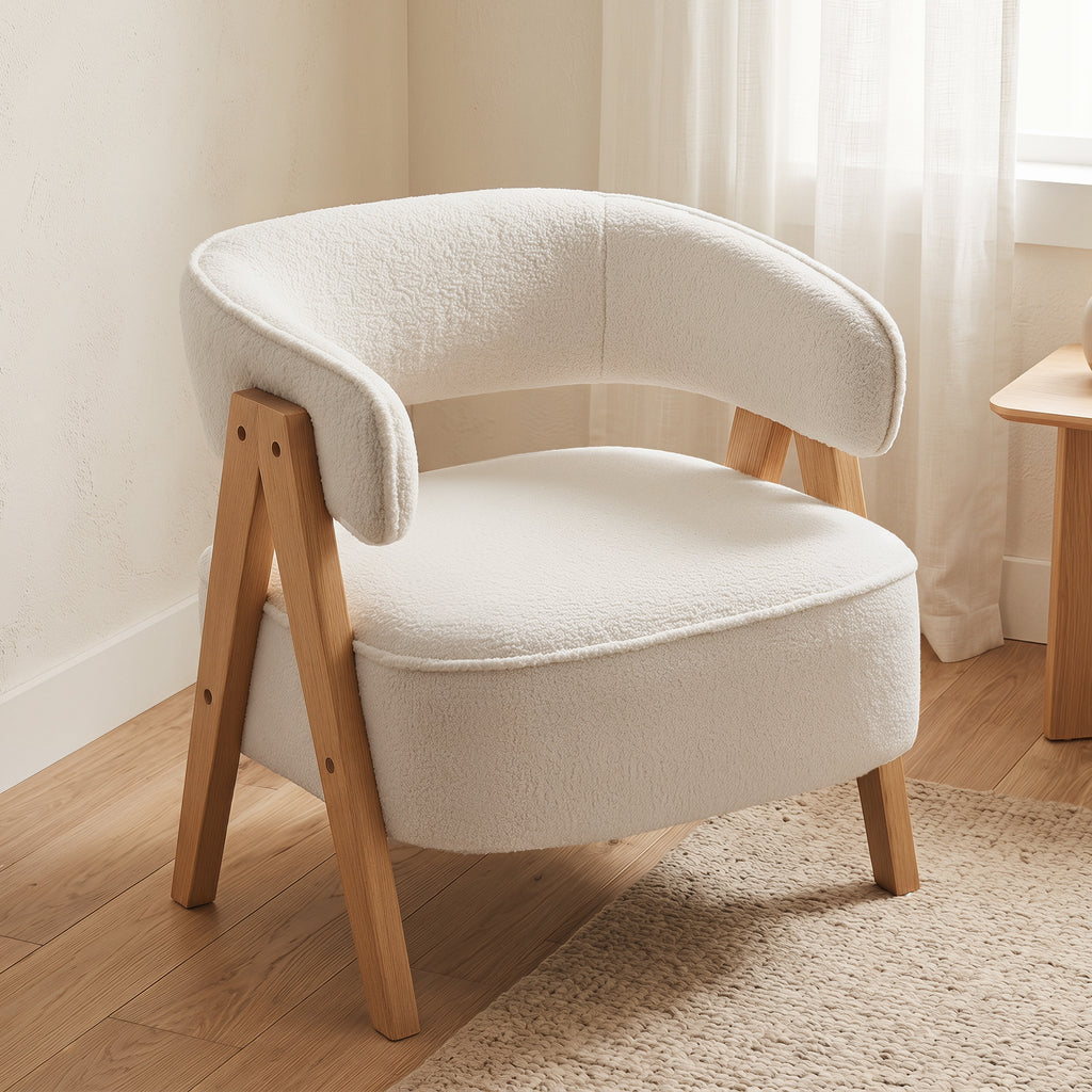 Fauteuil en tissu bouclette, pieds bois en V — blanc — vue 2