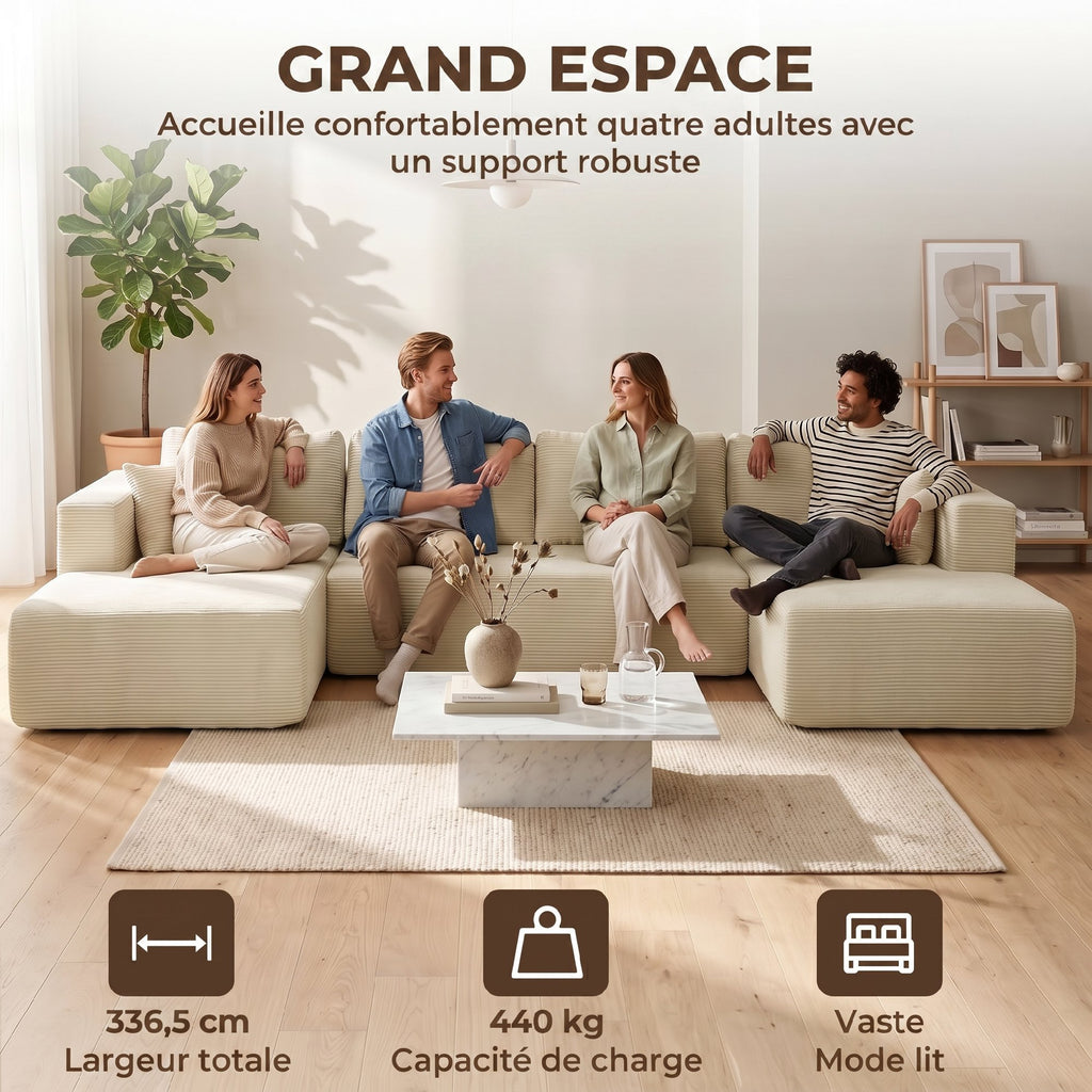 Canapé modulaire en U 337 cm en velours côtelé crème — photo 3 sur 7