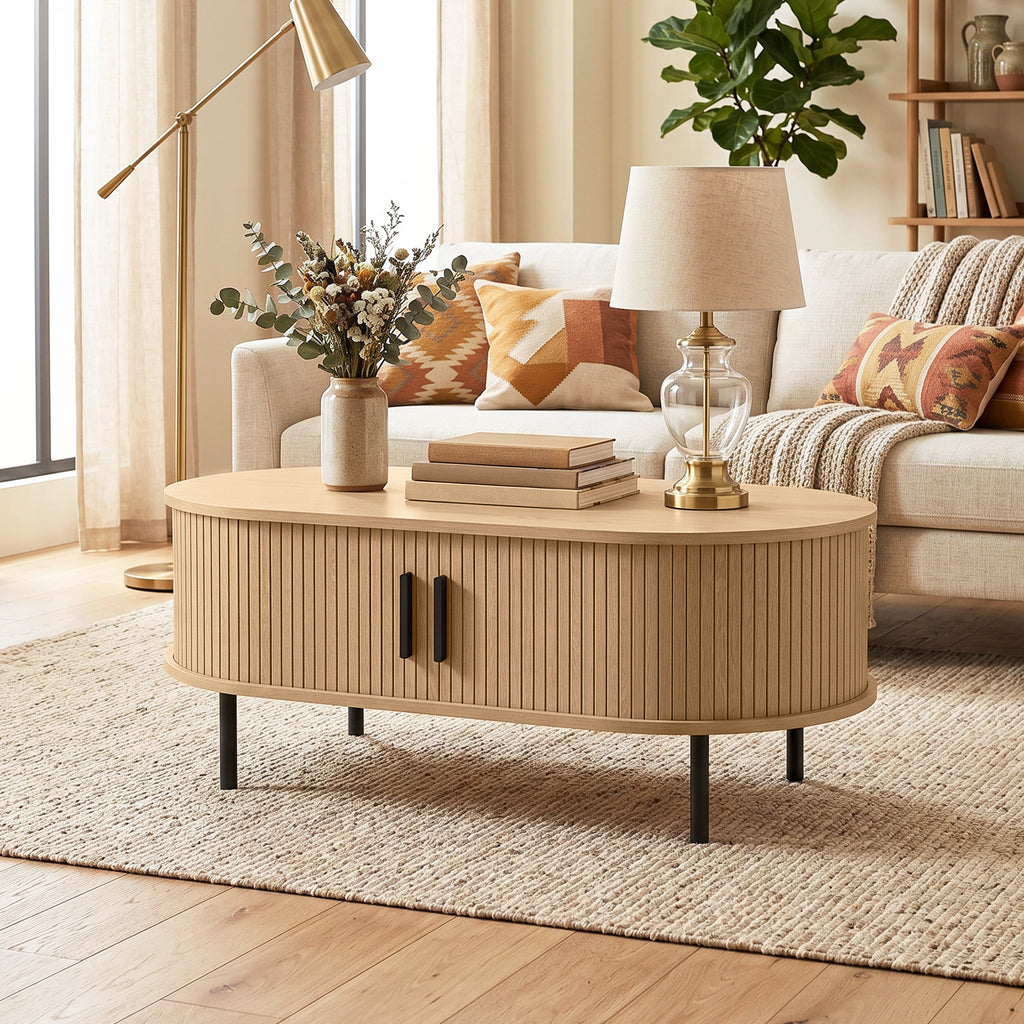 Table basse ovale cannelée à portes coulissantes — 100 × 55 cm — vue 8