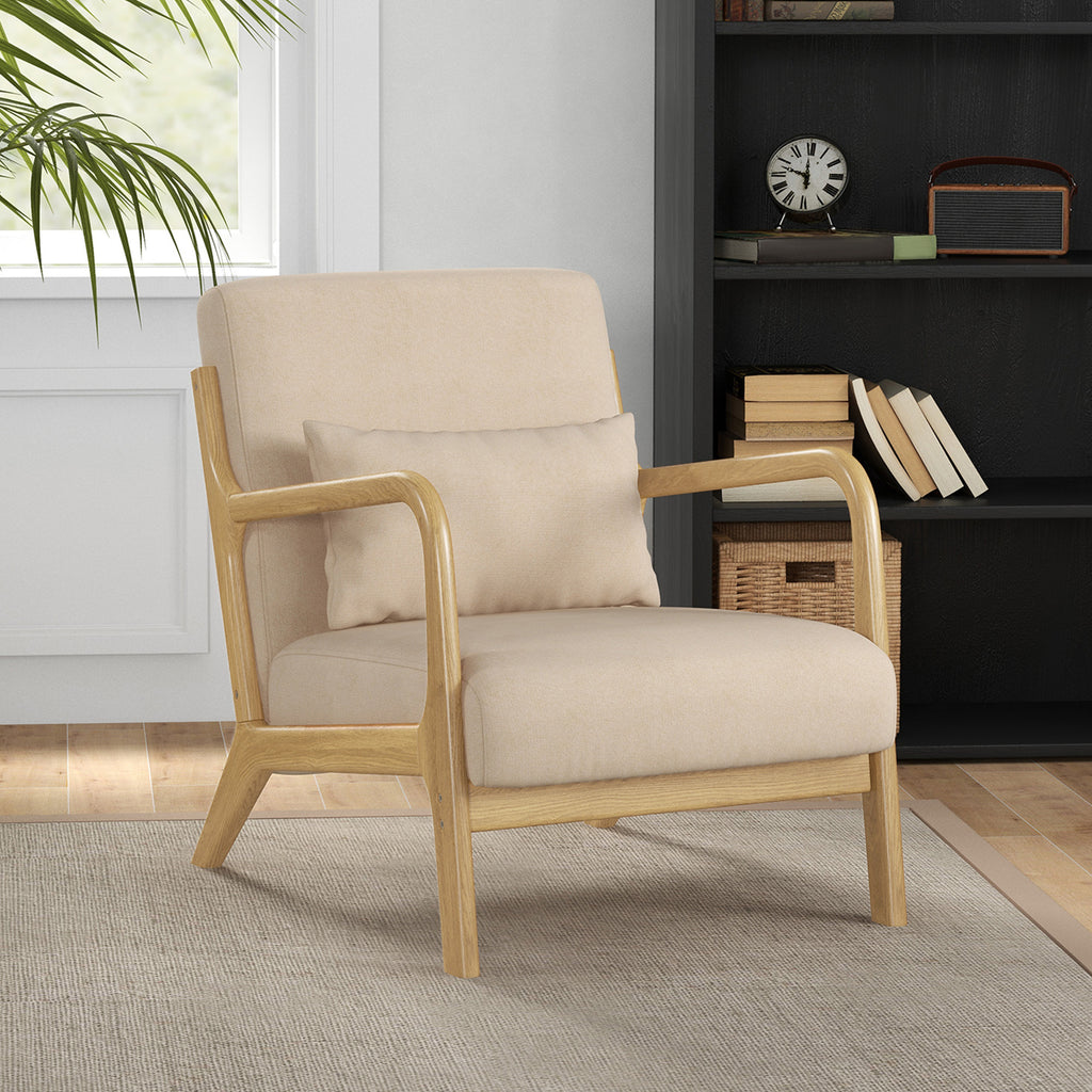 Fauteuil lounge bois d'hévéa et aspect velours — beige — vue 2
