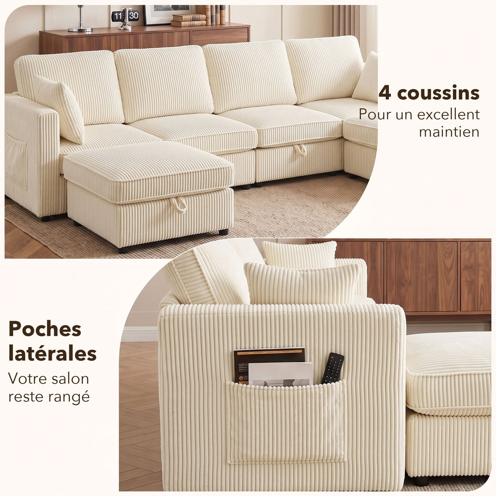 Canapé d'angle en U 306 cm — 4 coussins et poches latérales