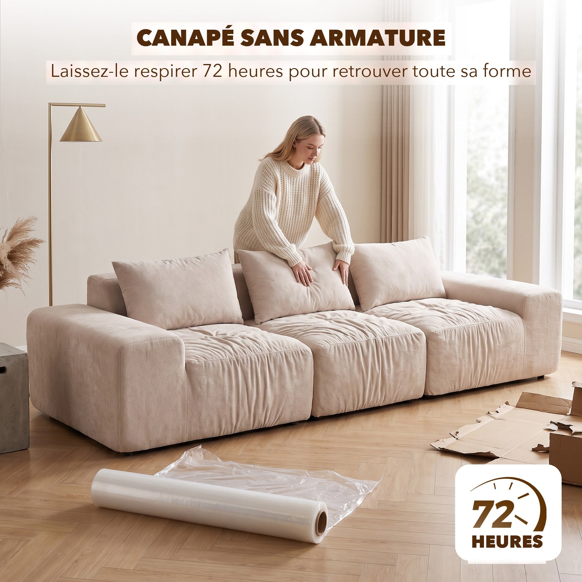 Canapé modulaire 320 cm — sans armature, reprise de forme en 72 heures