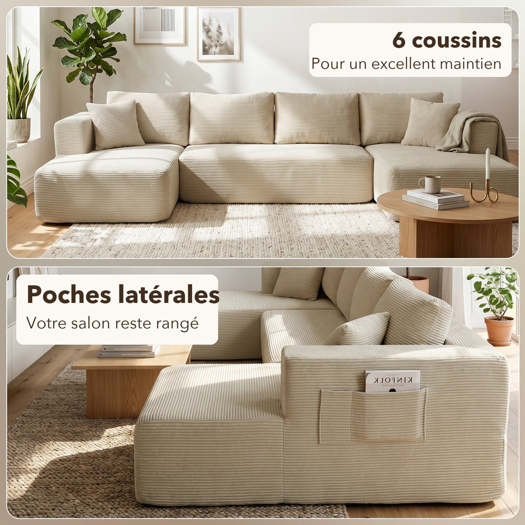 Canapé en U 337 cm — 6 coussins et poches latérales