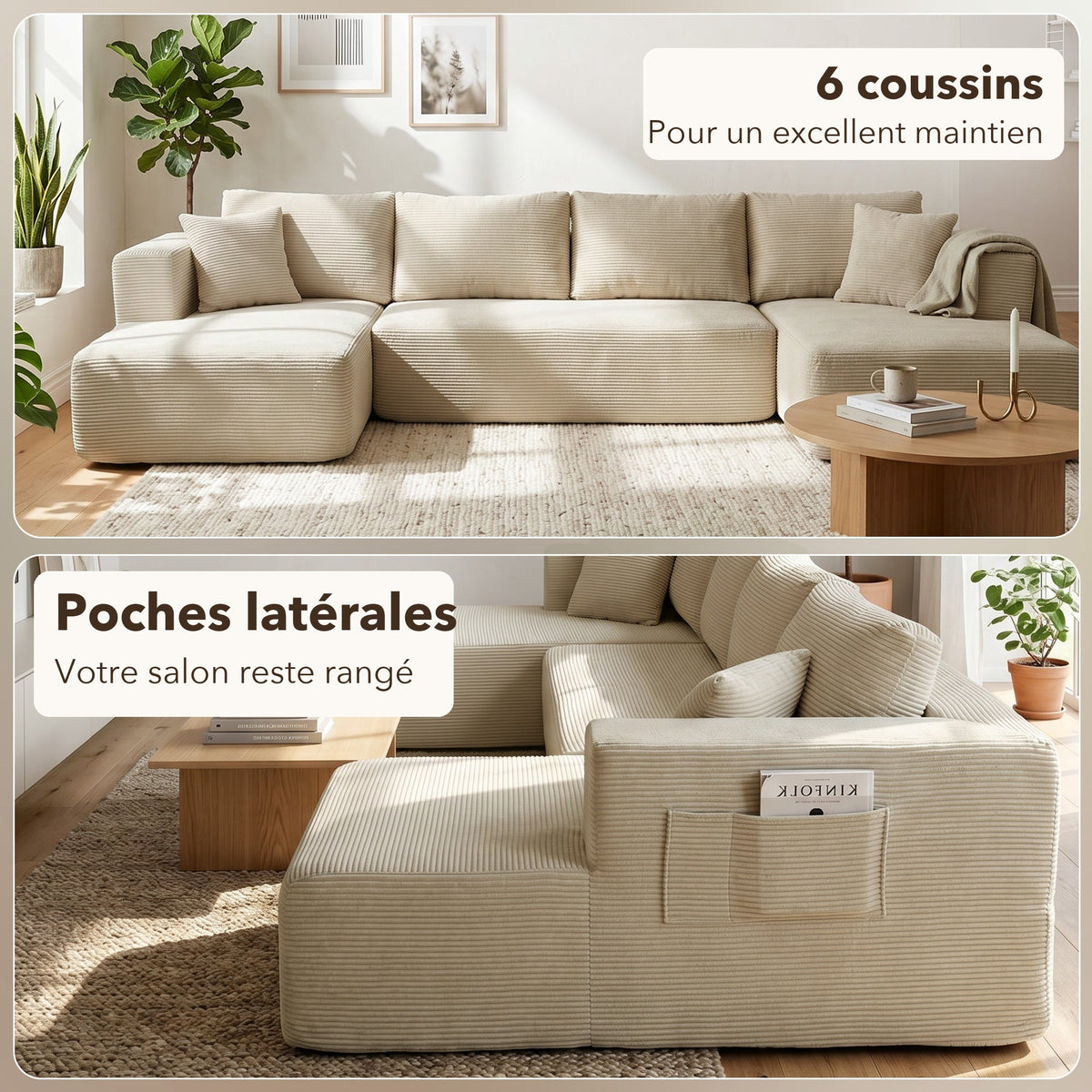Canapé en U 337 cm — 6 coussins et poches latérales