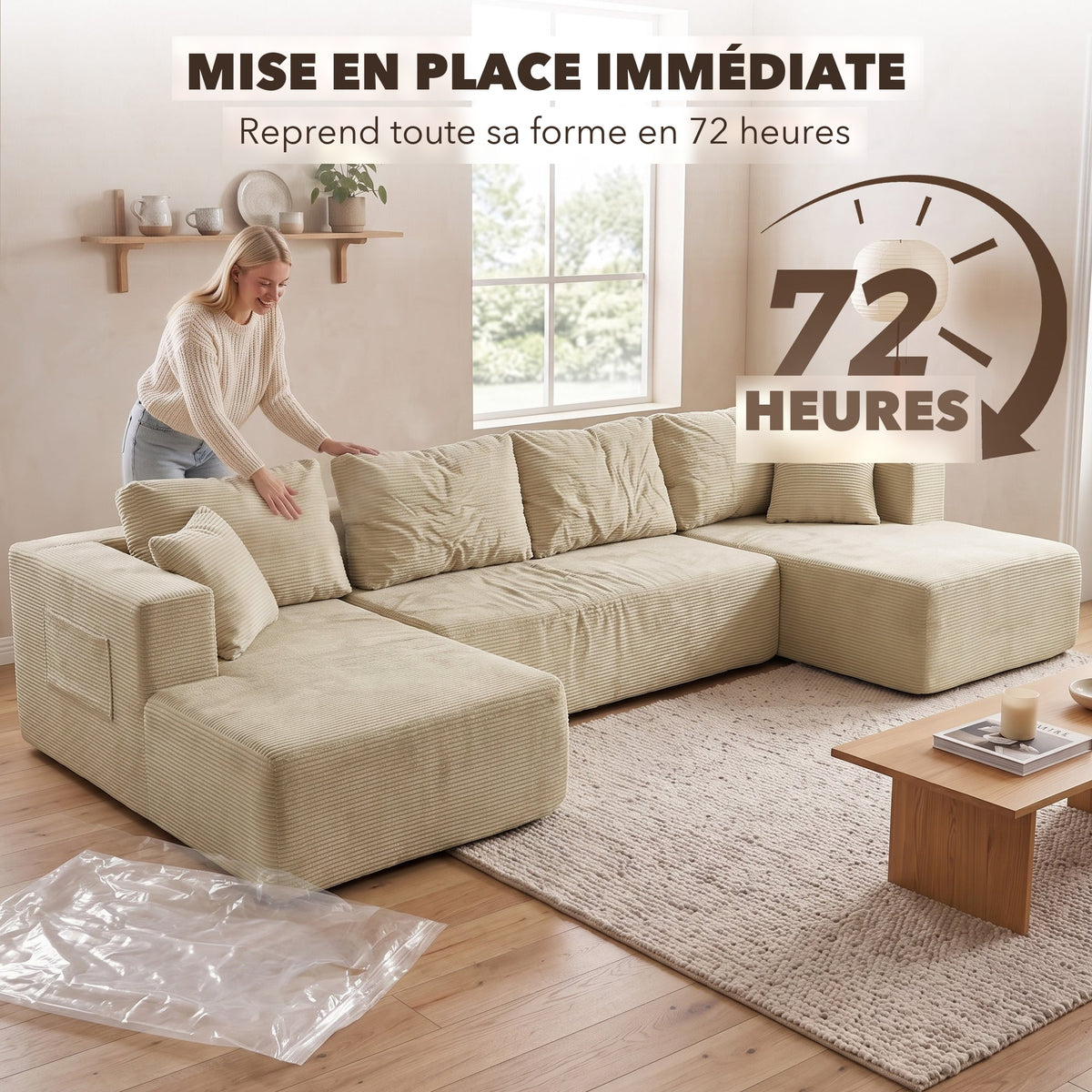 Canapé en U 337 cm — mise en place immédiate, reprise de forme en 72 heures