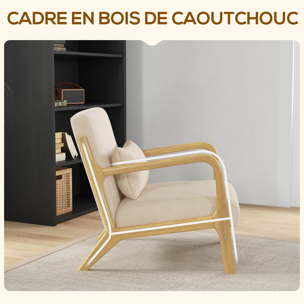 Fauteuil lounge bois d'hévéa et aspect velours — beige — vue 5