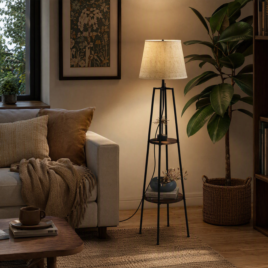 Lampadaire trépied à 2 étagères — abat-jour tissu — photo 8