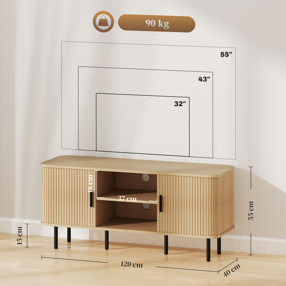 Meuble TV à portes cannelées, ton chêne — 120 cm — vue 3