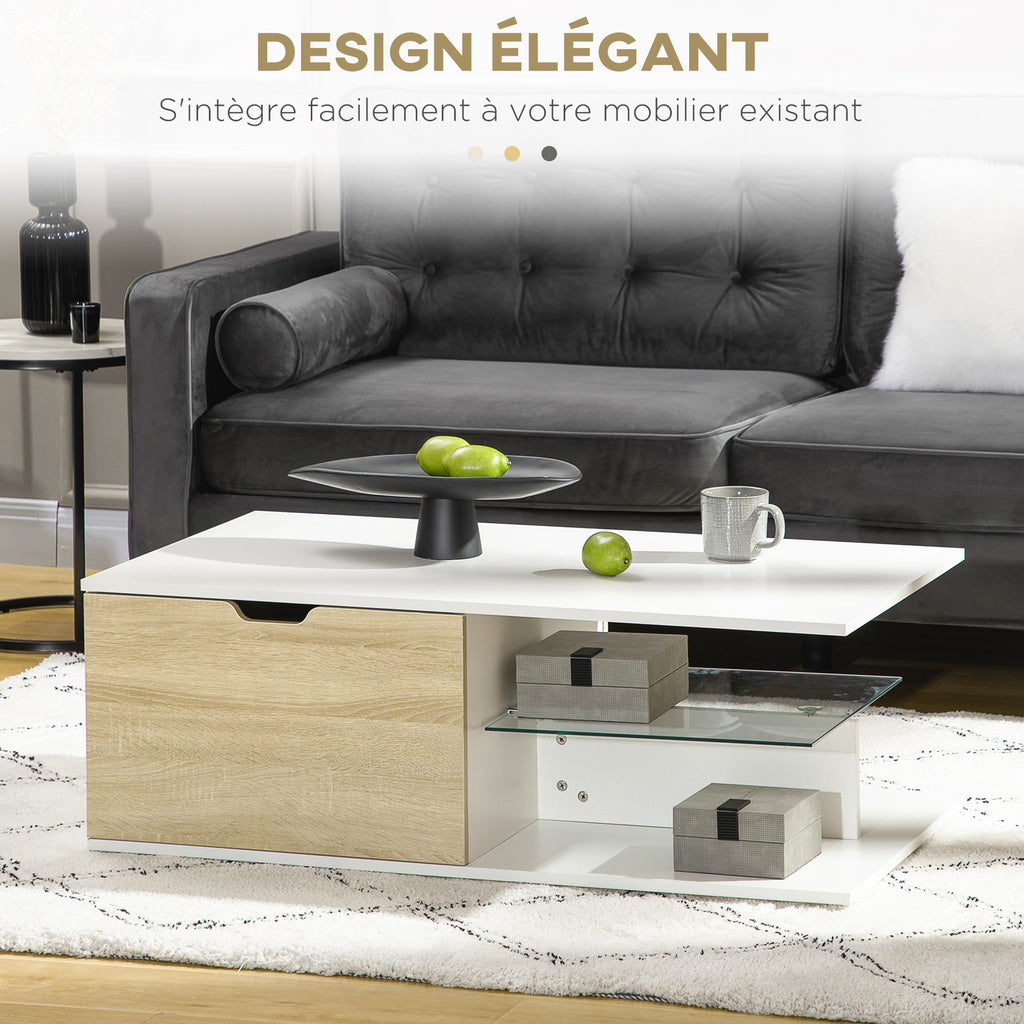 Table basse blanc et chêne clair à tiroirs — 106 × 58 cm — photo 5