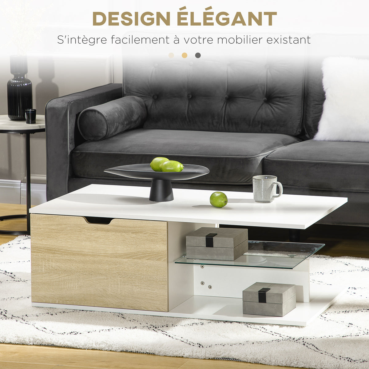 Table basse blanc et chêne clair à tiroirs — 106 × 58 cm — photo 5