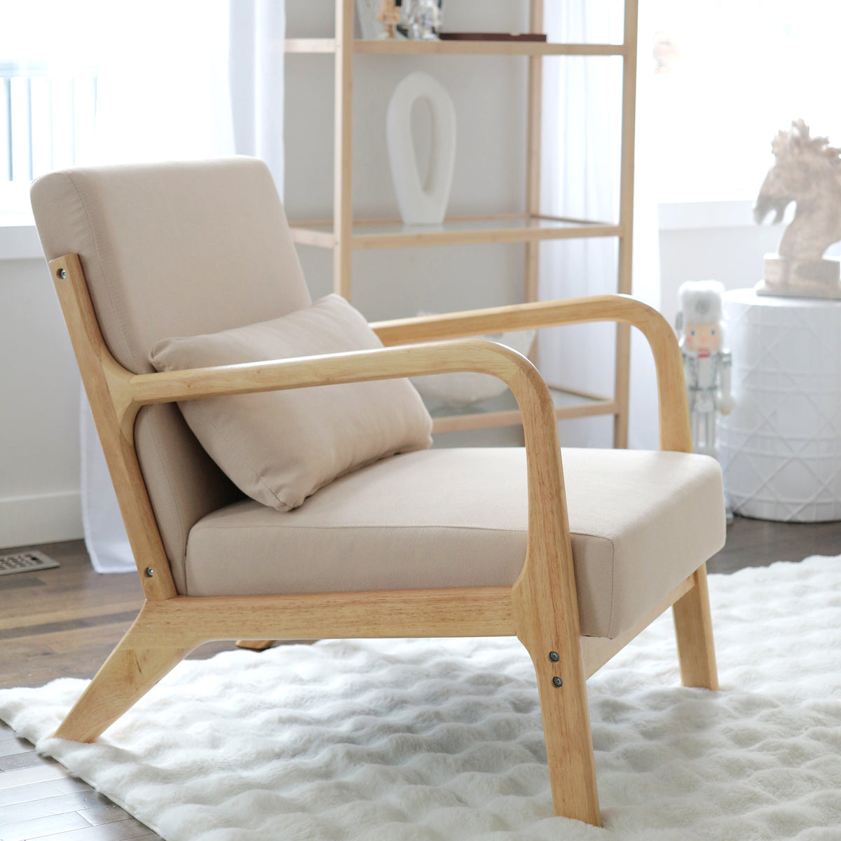 Fauteuil lounge bois d'hévéa et aspect velours — beige — vue 7