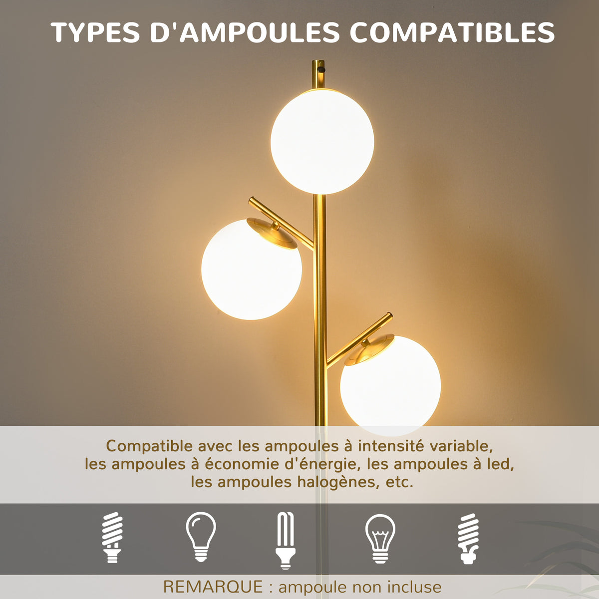 Lampadaire 3 globes en verre dépoli — doré — photo 6