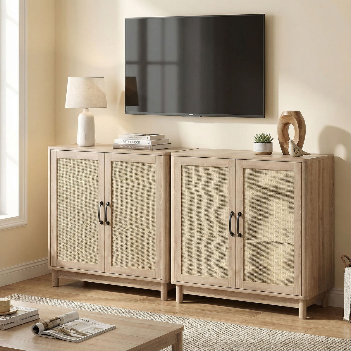 Buffet à portes en rotin, ton chêne — 76 cm — vue 7