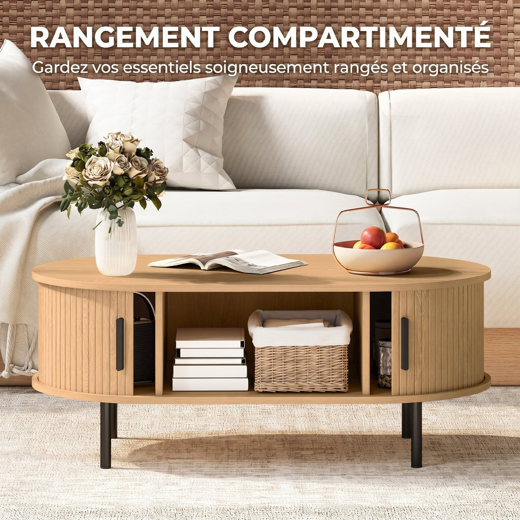 Table basse ovale cannelée à portes coulissantes — 100 × 55 cm — vue 6