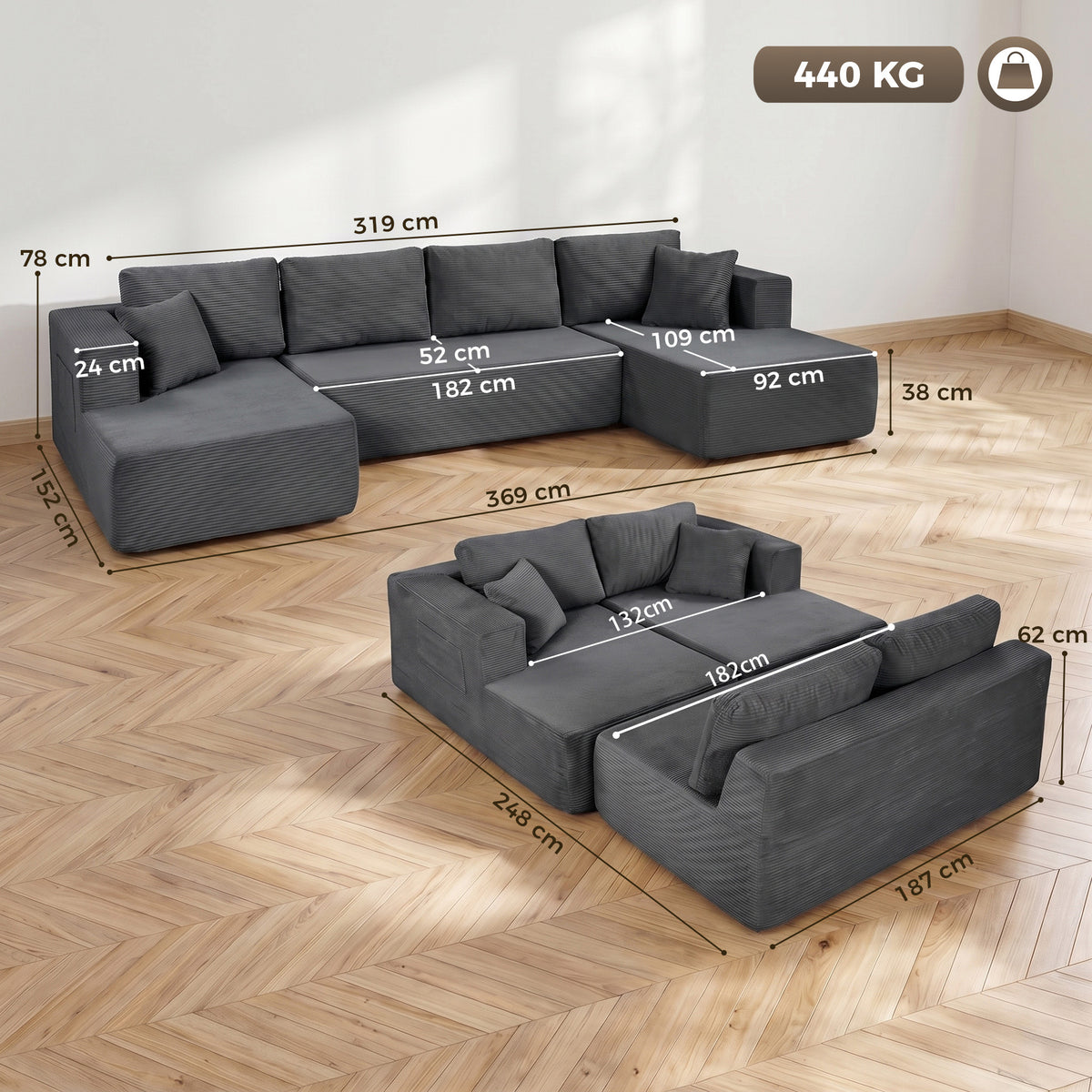 Canapé modulaire en U velours côtelé — 369 cm — vue 3