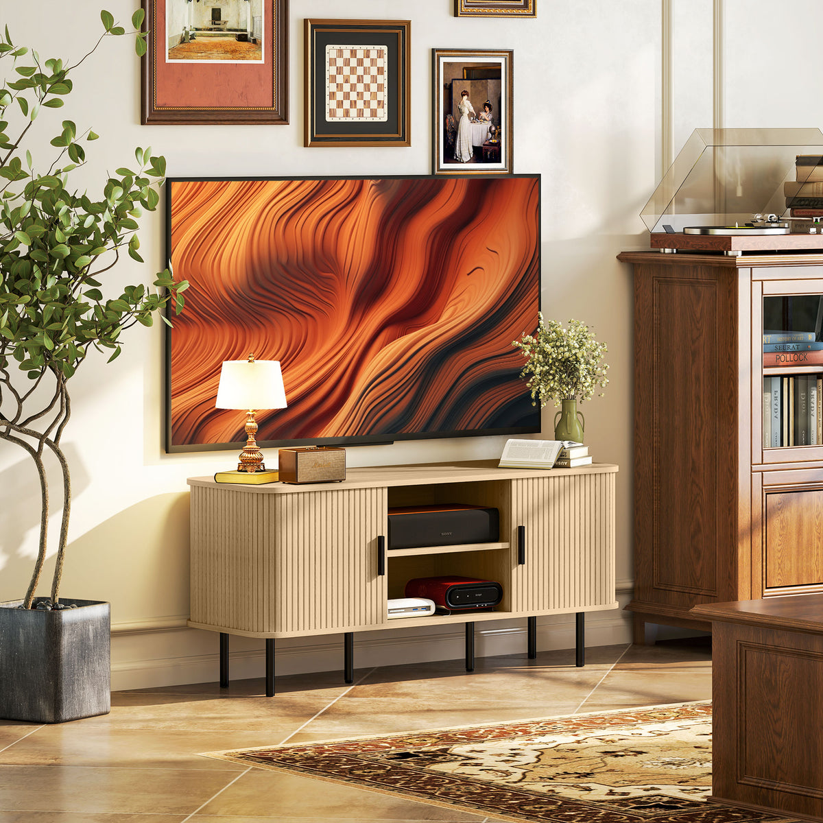 Meuble TV à portes cannelées, ton chêne — 120 cm — vue 2