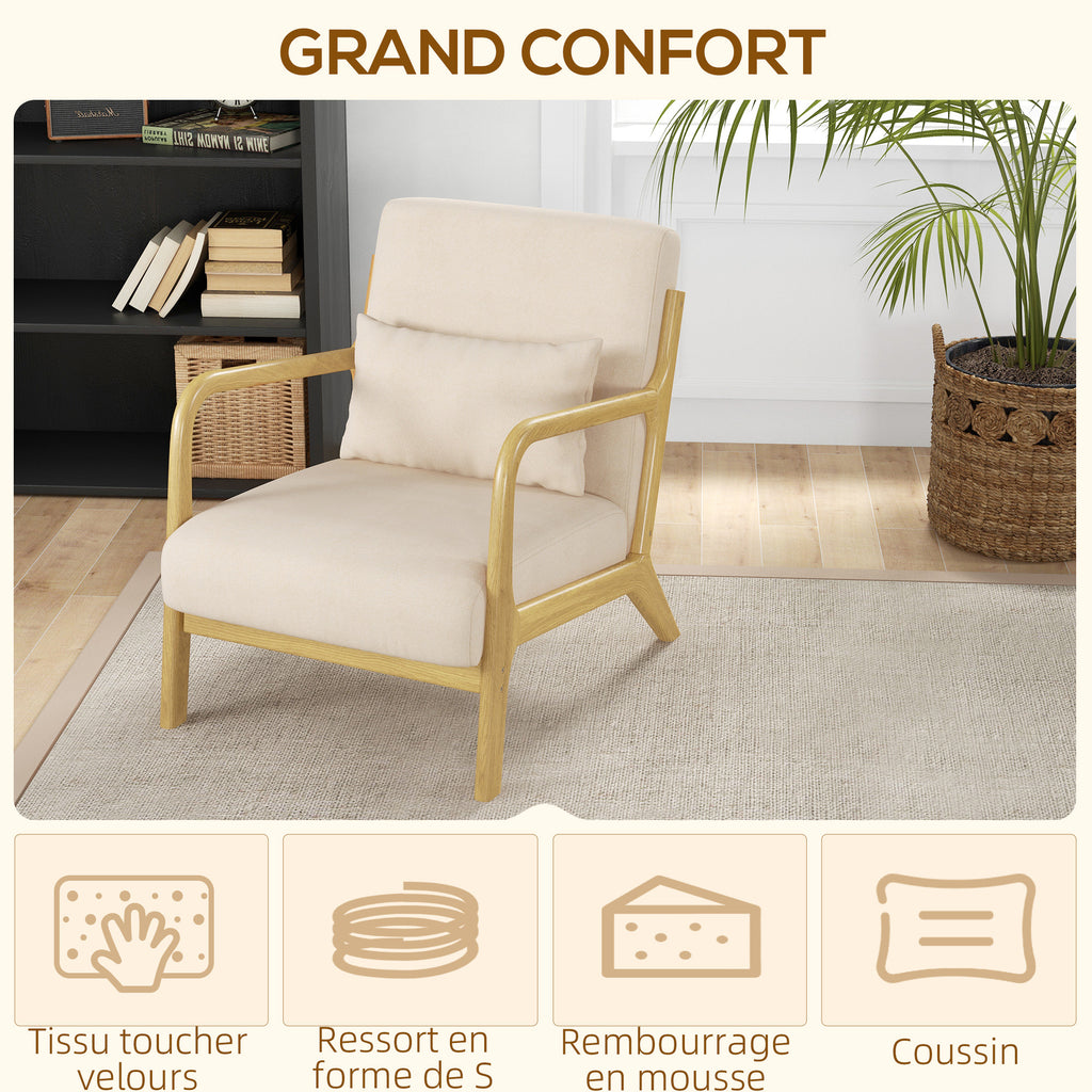 Fauteuil lounge bois d'hévéa et aspect velours — beige — vue 4