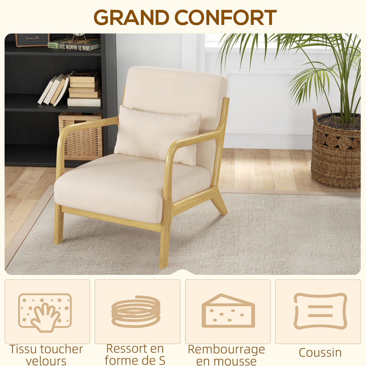Fauteuil lounge bois d'hévéa et aspect velours — beige — vue 4