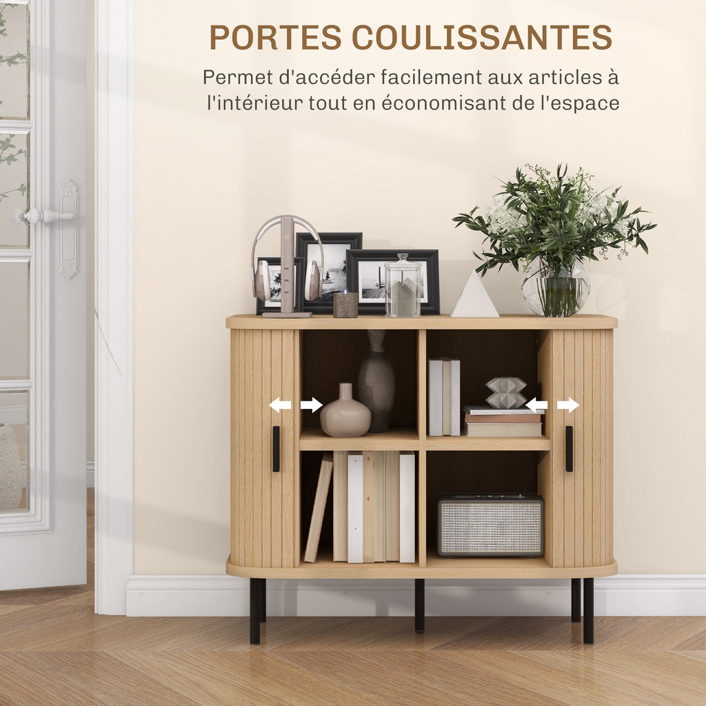 Buffet à portes coulissantes à lattes, ton chêne — 90 cm — vue 5