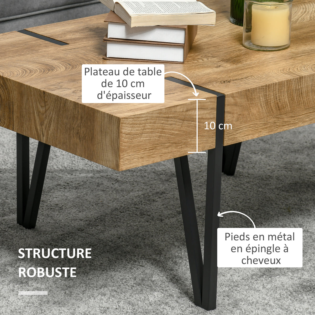 Table basse aspect bois brut, pieds épingle — 105 × 60 cm — photo 5