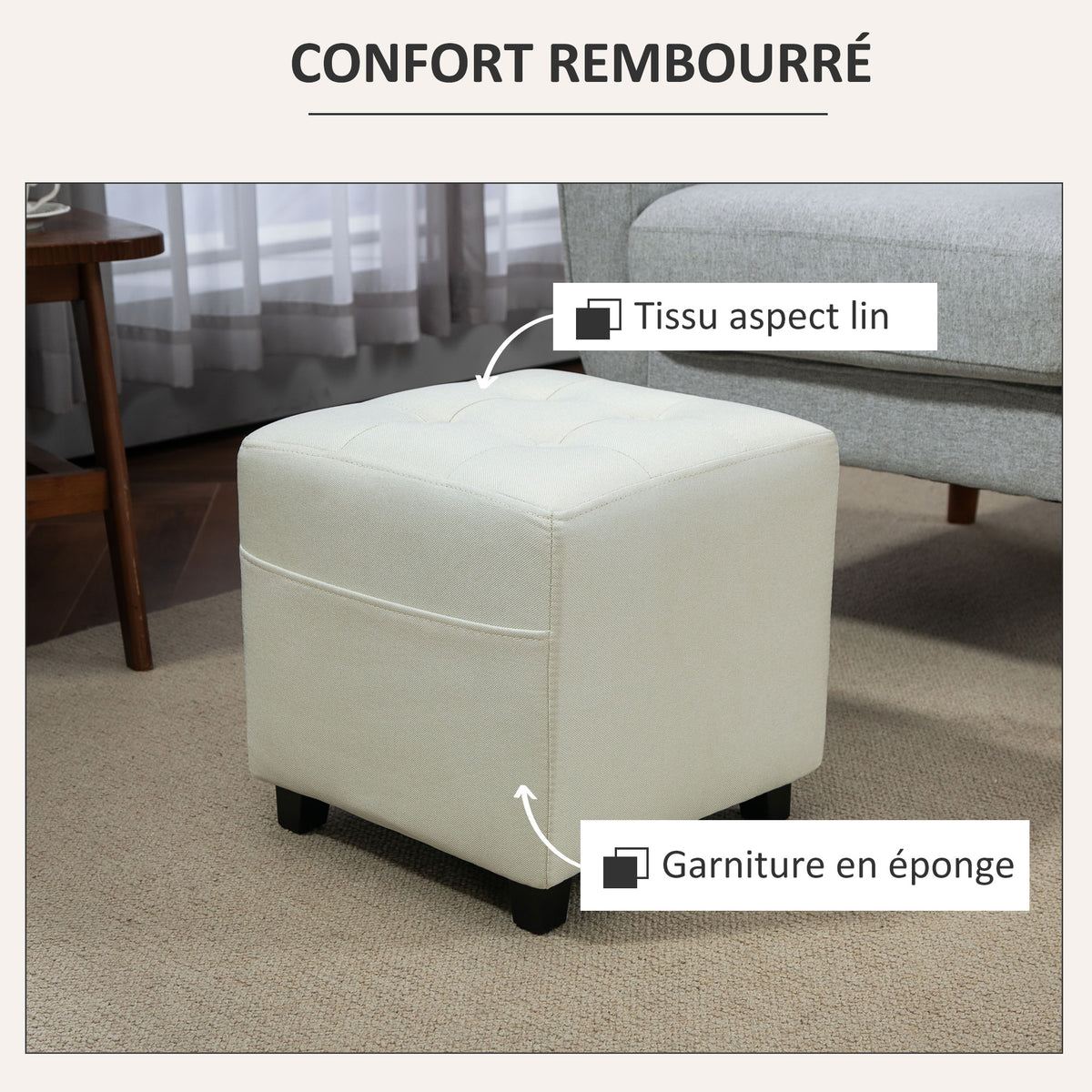 Pouf cube capitonné avec poche latérale — crème — vue 6