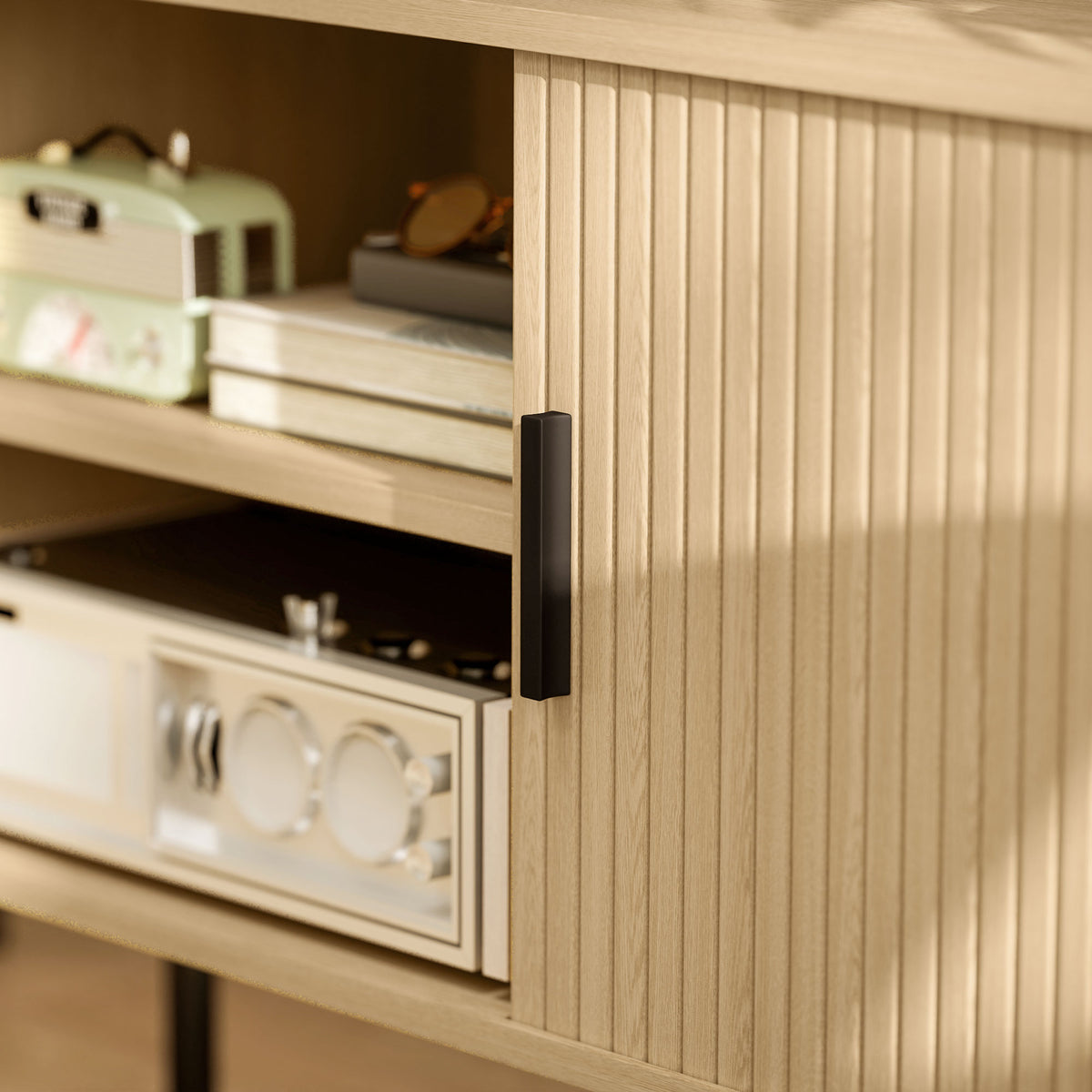 Meuble TV à portes cannelées, ton chêne — 120 cm — vue 8