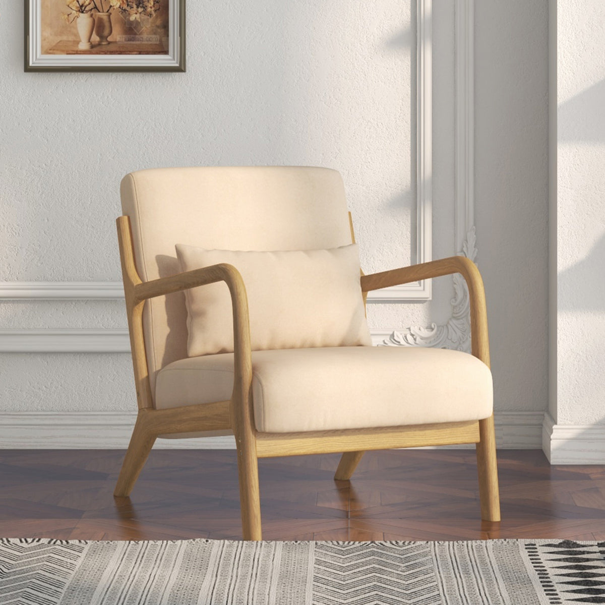 Fauteuil lounge bois d'hévéa et aspect velours — beige — vue 6