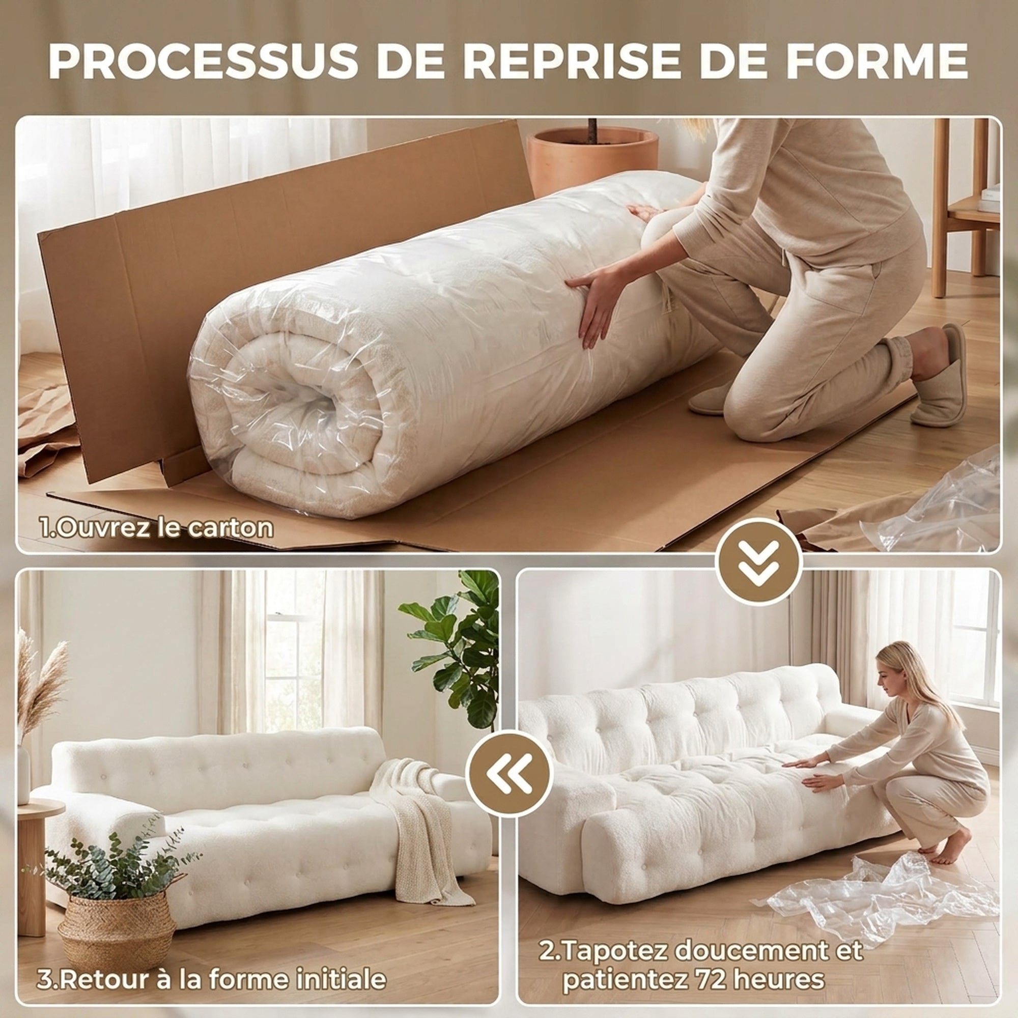 Canapé 3 places en chenille 211 cm crème — photo 4 sur 8