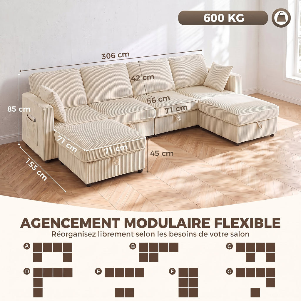 Canapé d'angle en U 306 cm en velours côtelé crème — photo 8 sur 8