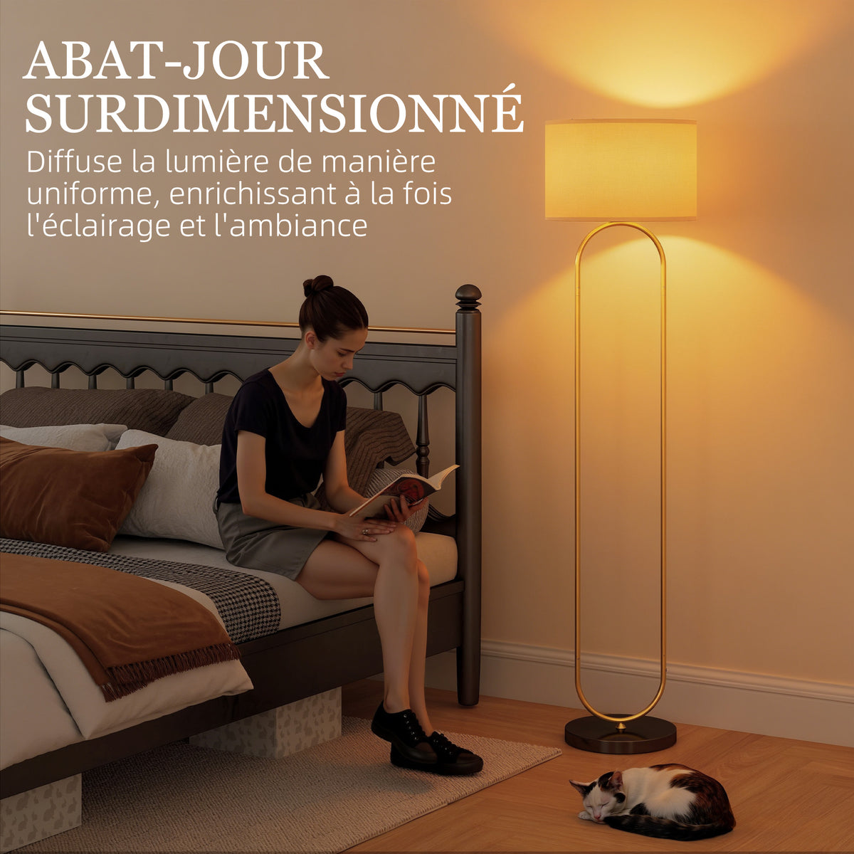 Lampadaire ovale doré, abat-jour effet lin — 156 cm — vue 5