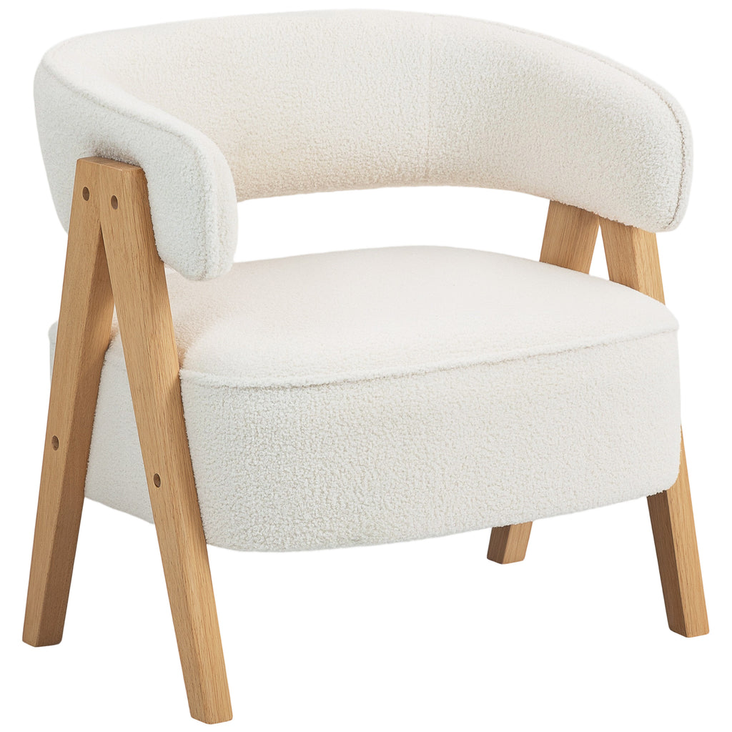 Fauteuil en tissu bouclette, pieds bois en V — blanc — vue 1