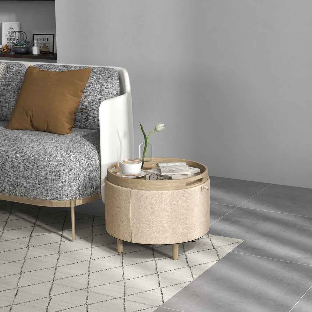 Pouf rond à coffre avec plateau réversible — beige — vue 2