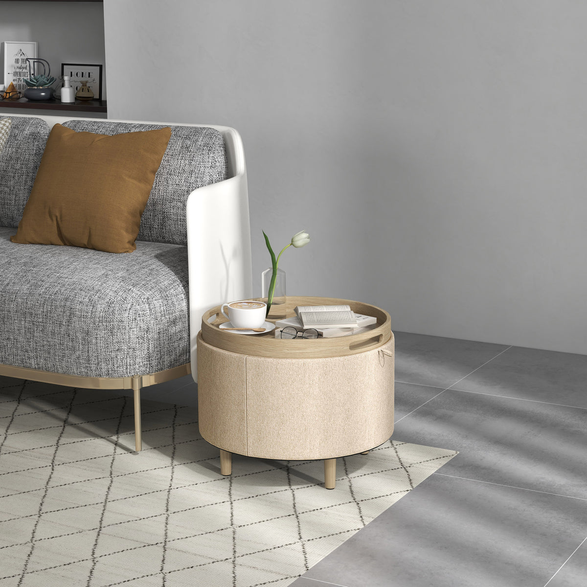Pouf rond à coffre avec plateau réversible — beige — vue 2