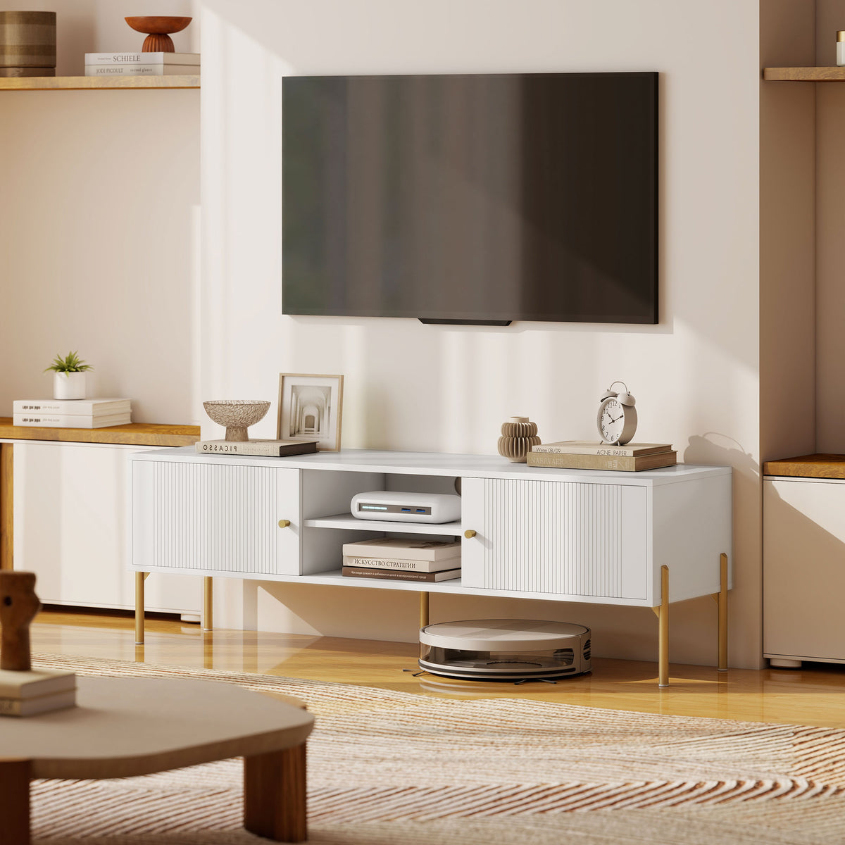 Meuble TV cannelé blanc, pieds dorés — 140 cm — vue 9