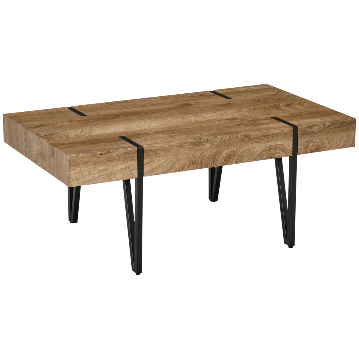 Table basse aspect bois brut, pieds épingle — 105 × 60 cm — vue sur fond blanc