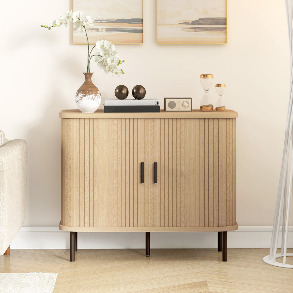 Buffet à portes coulissantes à lattes, ton chêne — 90 cm — vue 2
