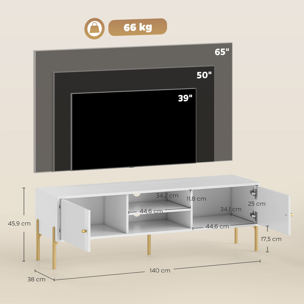 Meuble TV cannelé blanc, pieds dorés — 140 cm — vue 3