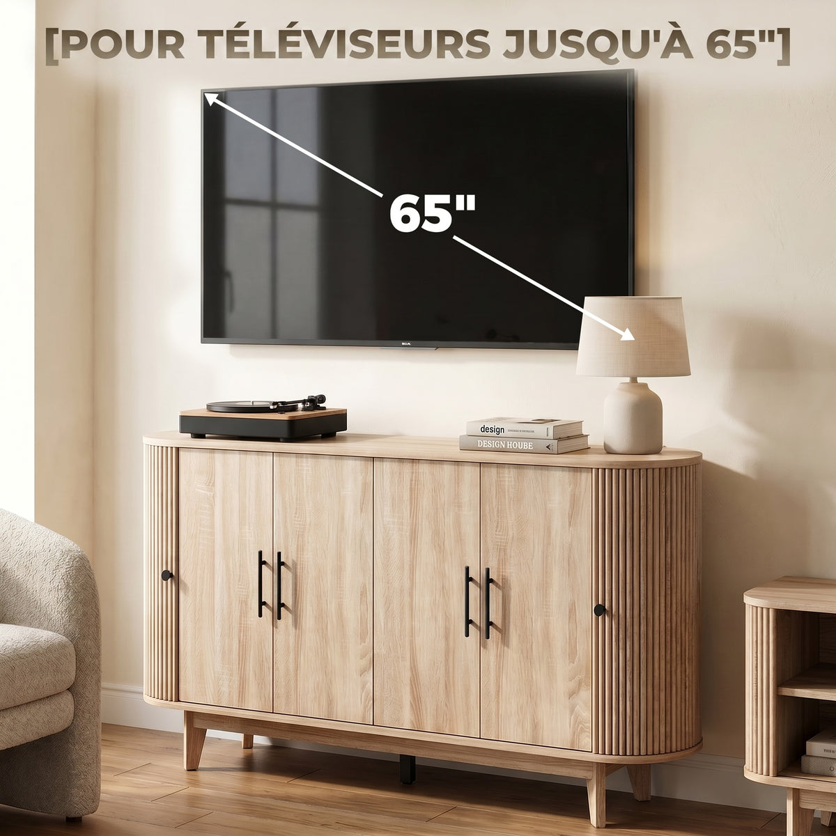 Buffet ovale cannelé, ton chêne — 147 cm — vue 7