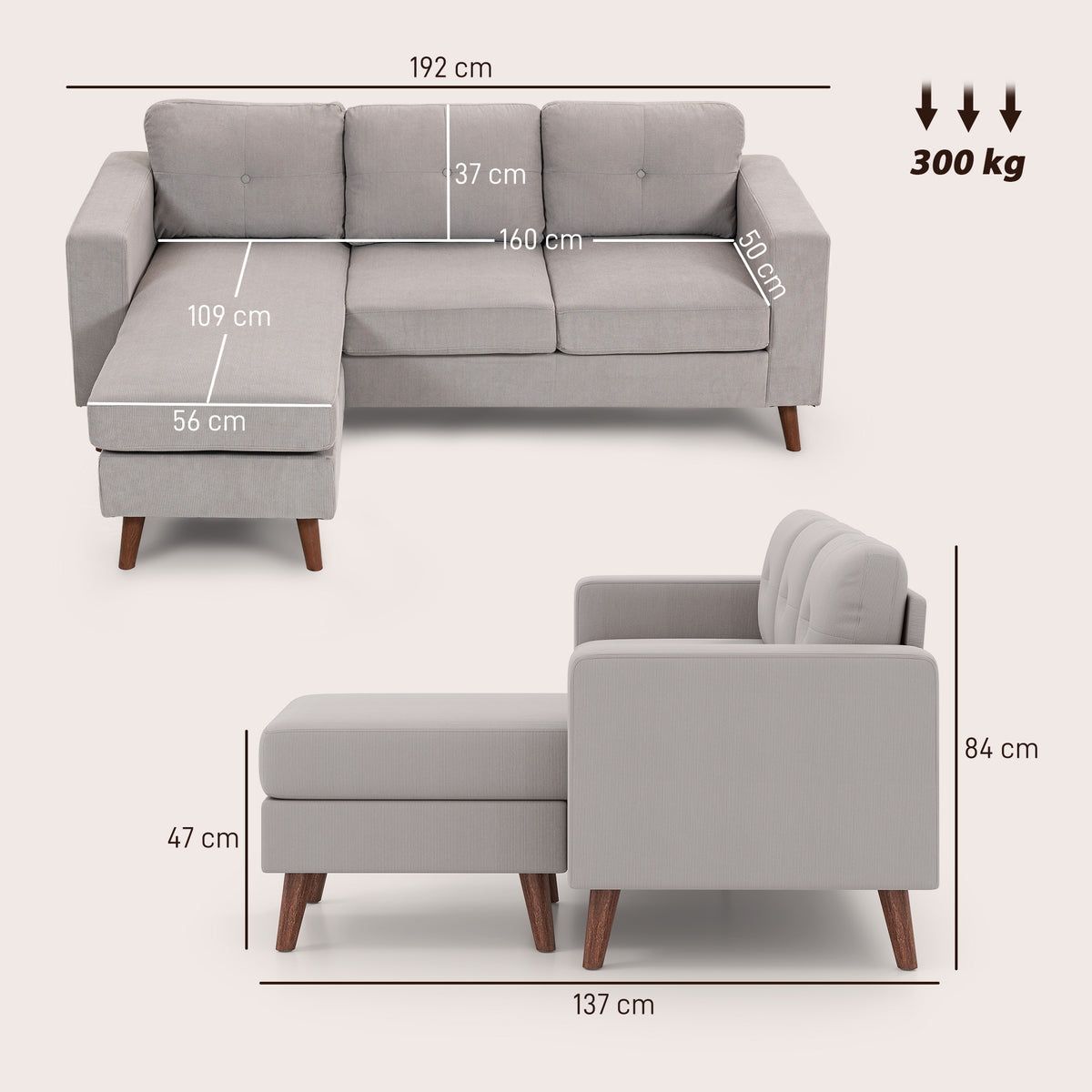 Canapé d'angle réversible velours côtelé — 192 cm — vue 3