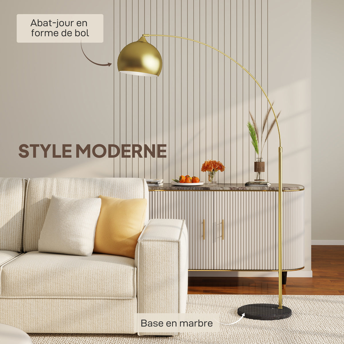 Lampadaire arc doré, socle en marbre — 180 cm — vue 4