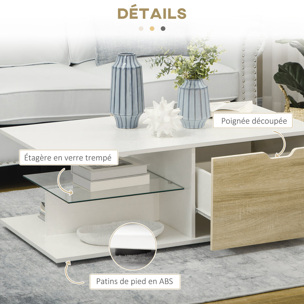 Table basse blanc et chêne clair à tiroirs — 106 × 58 cm — photo 6