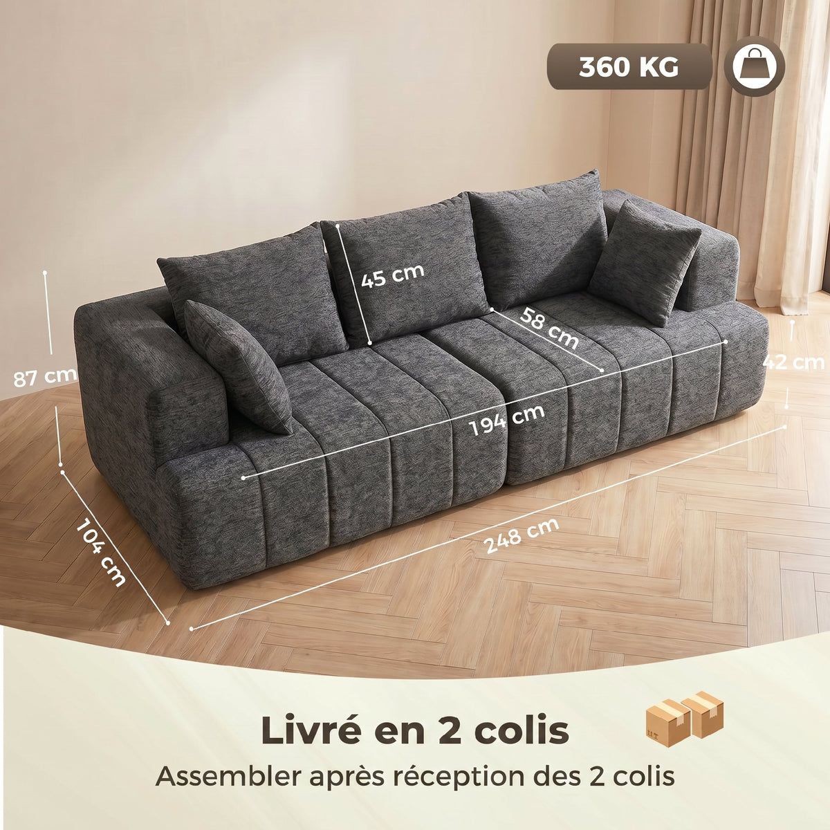 Canapé 3 places en chenille — 248 cm — vue 3