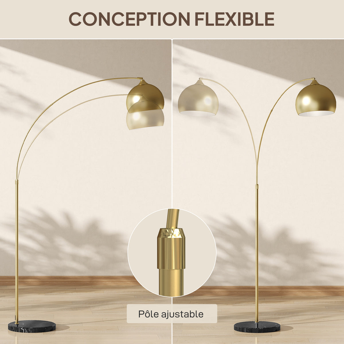 Lampadaire arc doré, socle en marbre — 180 cm — vue 5