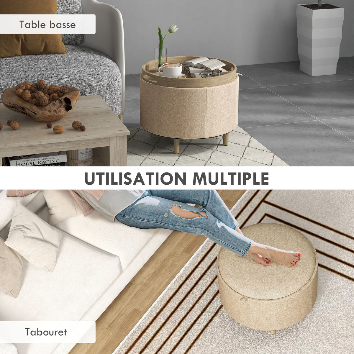 Pouf rond à coffre avec plateau réversible — beige — vue 6